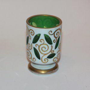 Bohemian Czech Cased White Over Green Glass Windows Gold Detail TOOTHPICK HOLDER